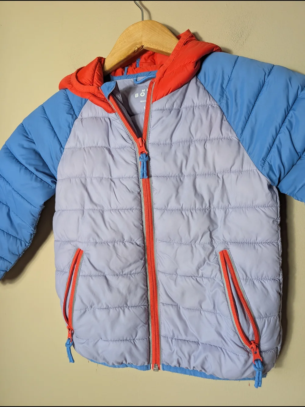Mini Boden Lavender Body Blue Sleeves Puffer Jacket with Red Trim Size 5/6